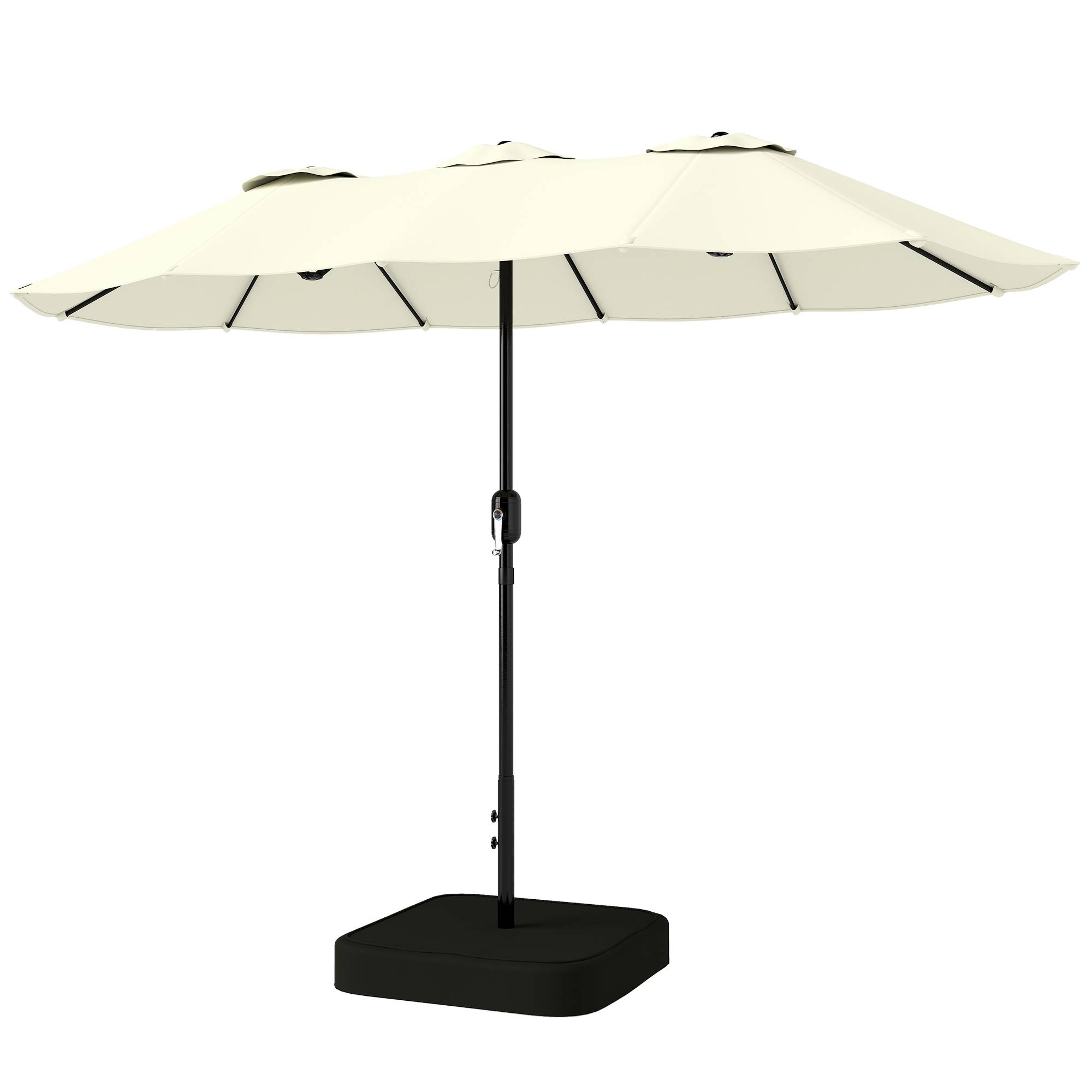 Parasol double à 12 baleines avec manivelle, base en croix et sacs, en métal et polyester, 3x1,5 m, beige - Image 2