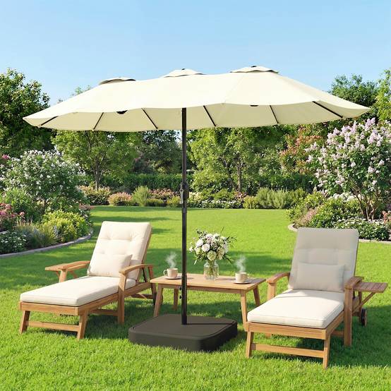 Parasol double à 12 baleines avec manivelle, base en croix et sacs, en métal et polyester, 3x1,5 m, beige - Image 4