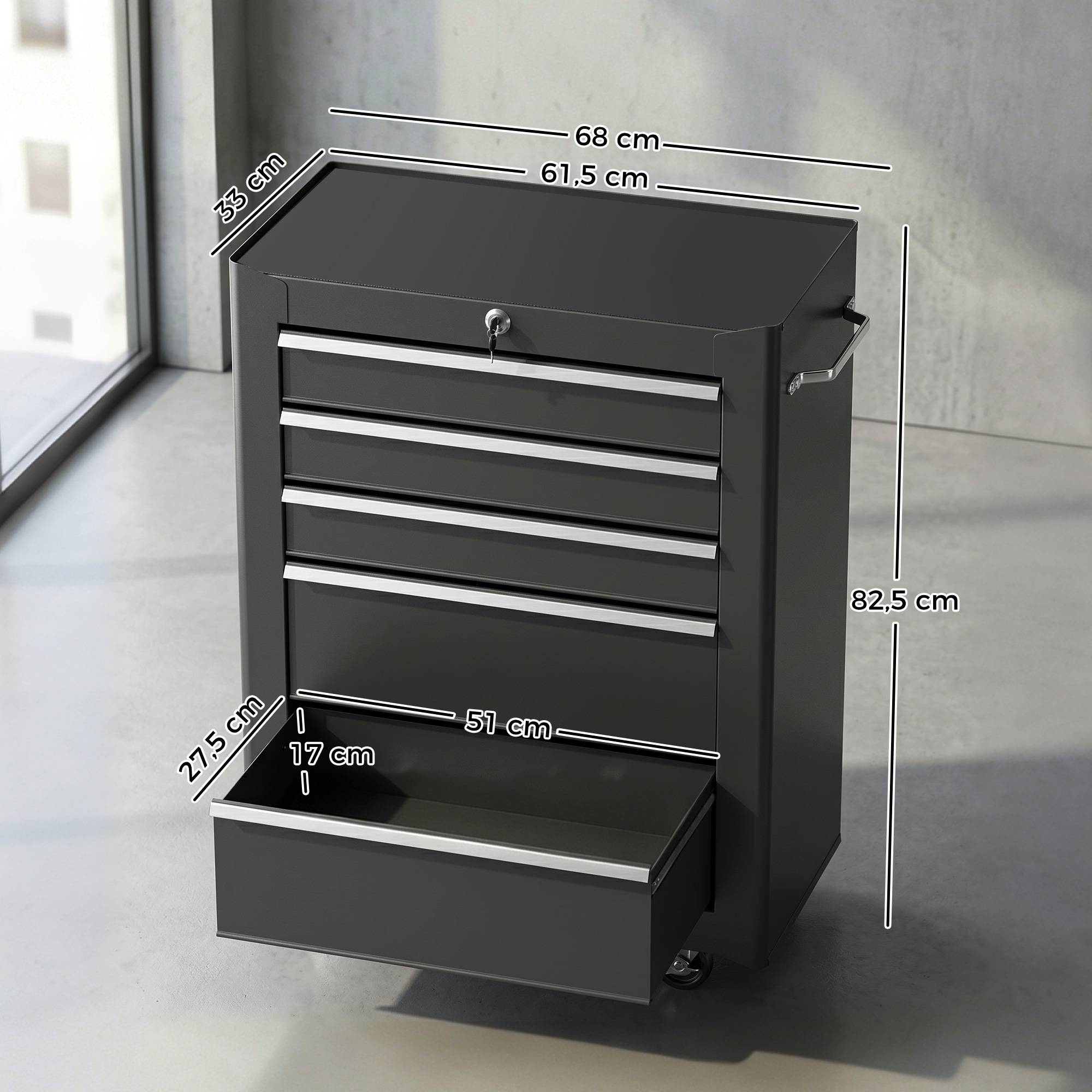 Chariot à outils sur roulettes, servante d'atelier acier 5 tiroirs verrouillable, 2 clés, 61,5 x 33 x 82,5 cm, noir - Image 5
