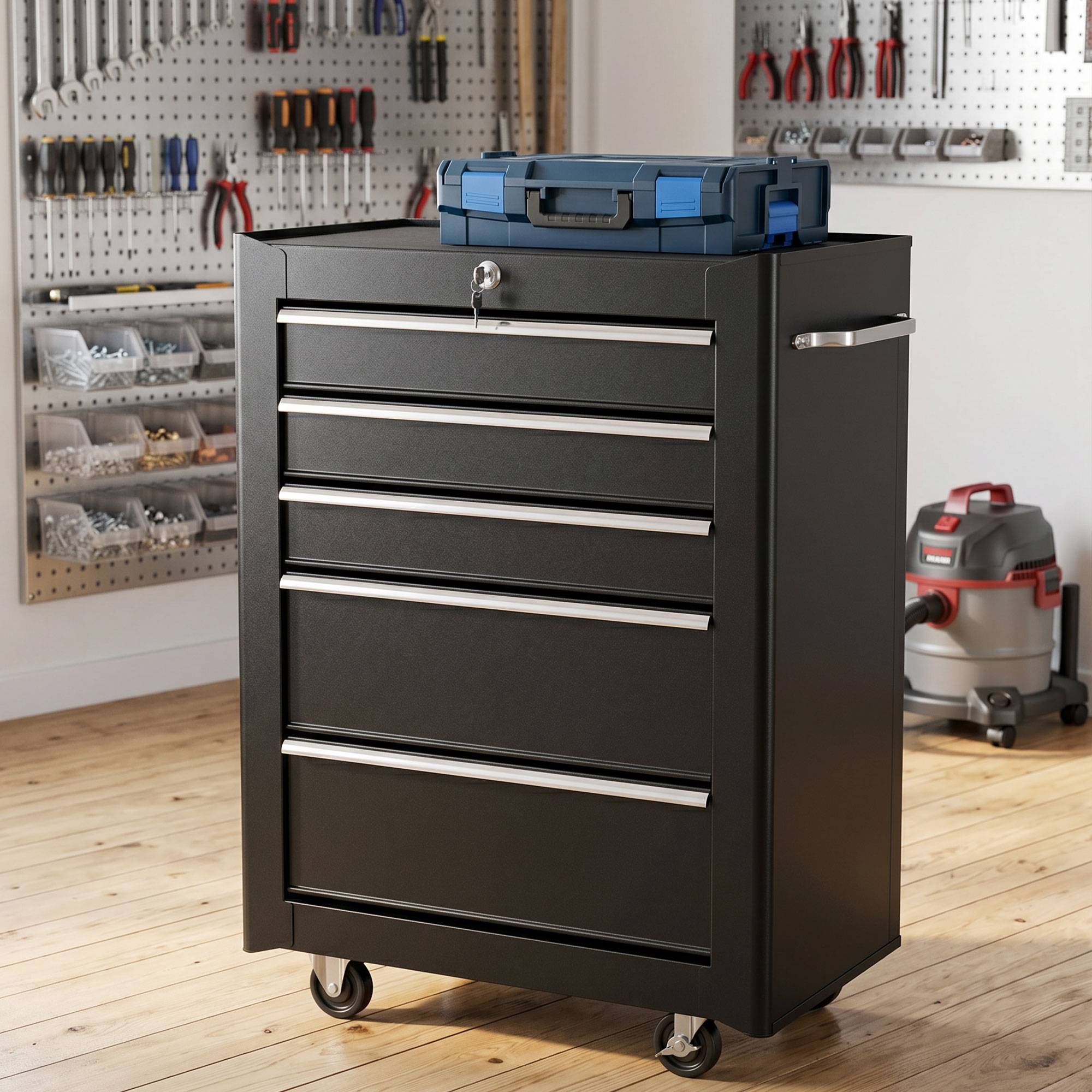 Chariot à outils sur roulettes, servante d'atelier acier 5 tiroirs verrouillable, 2 clés, 61,5 x 33 x 82,5 cm, noir - Image 4