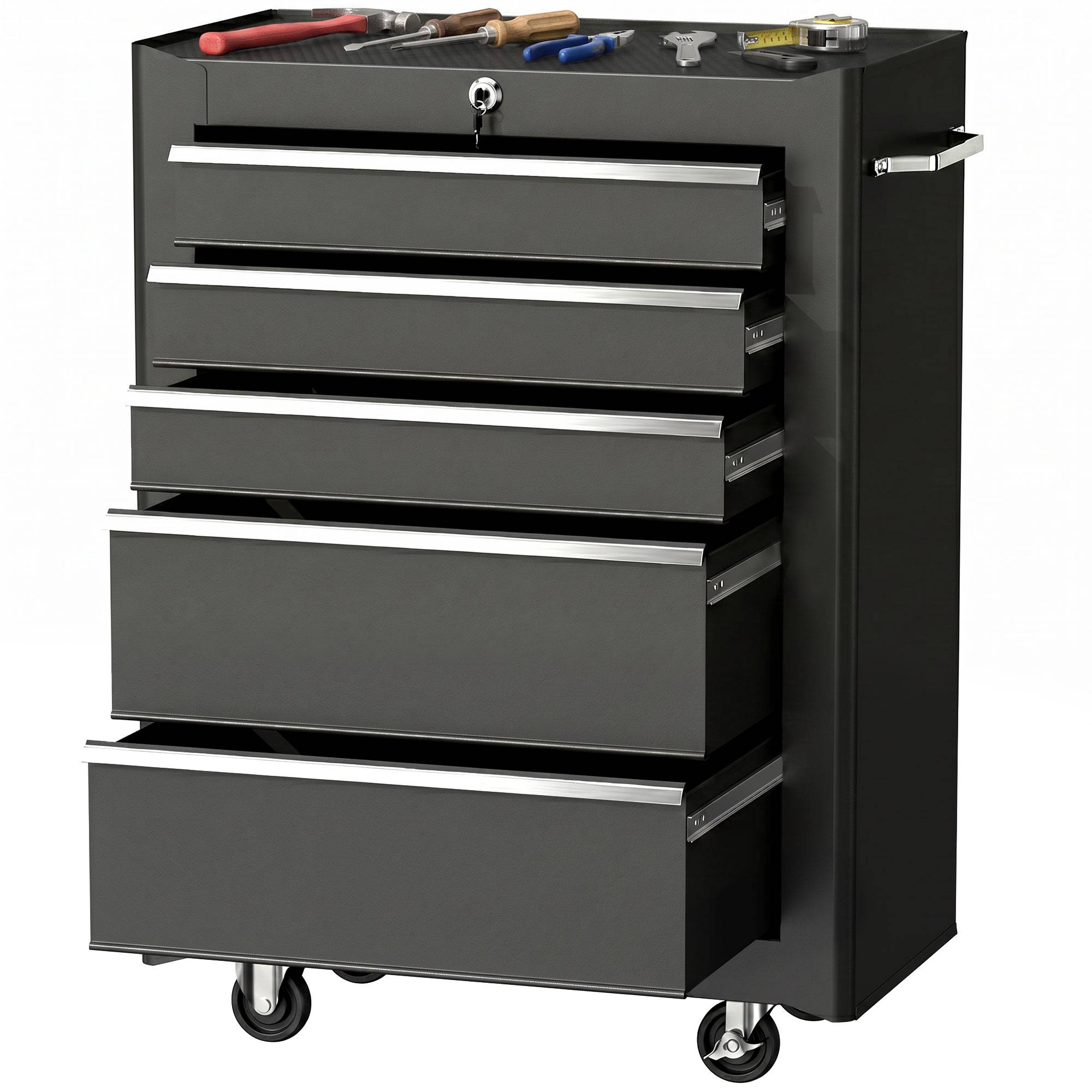 Chariot à outils sur roulettes, servante d'atelier acier 5 tiroirs verrouillable, 2 clés, 61,5 x 33 x 82,5 cm, noir - Image 1