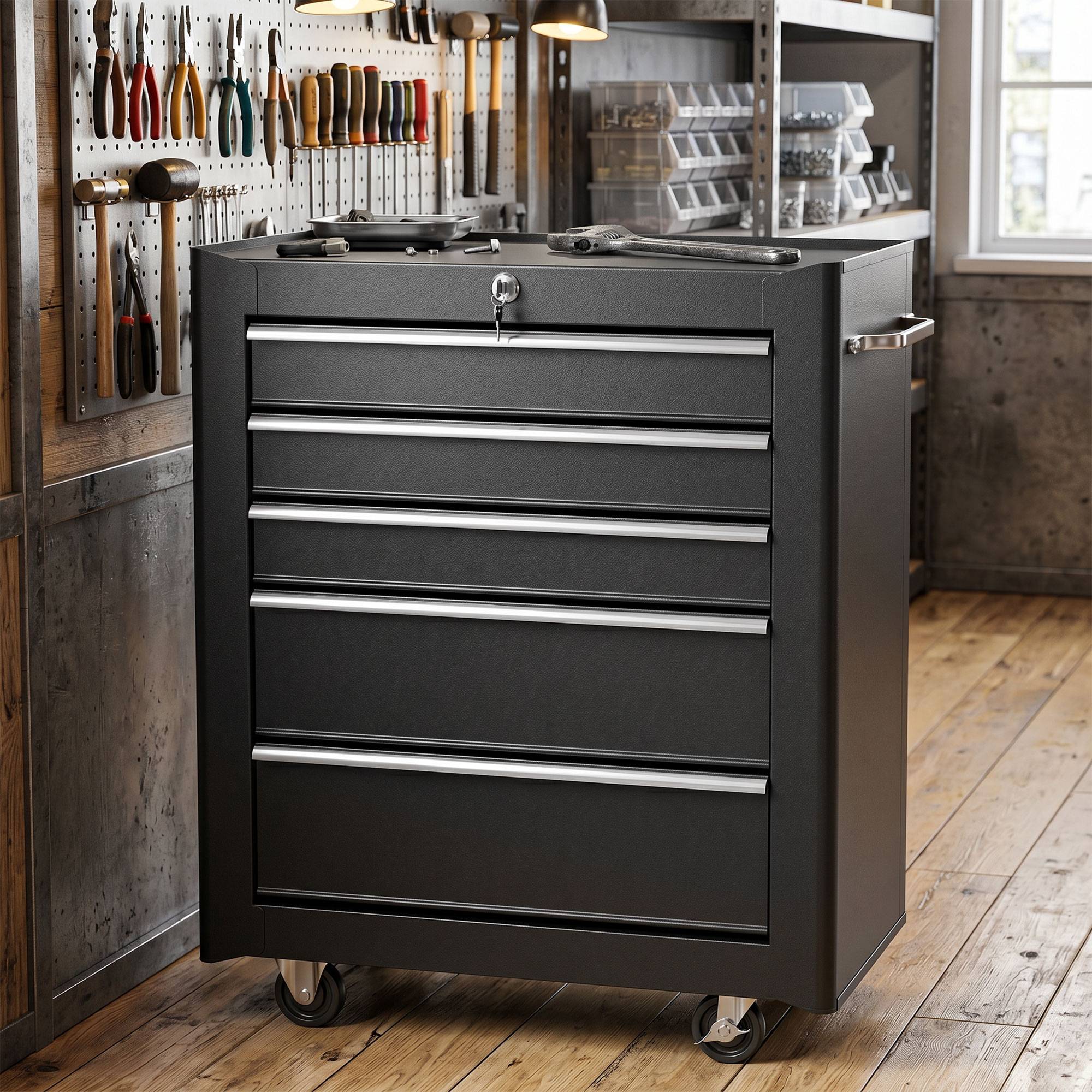 Chariot à outils sur roulettes, servante d'atelier acier 5 tiroirs verrouillable, 2 clés, 61,5 x 33 x 82,5 cm, noir - Image 3