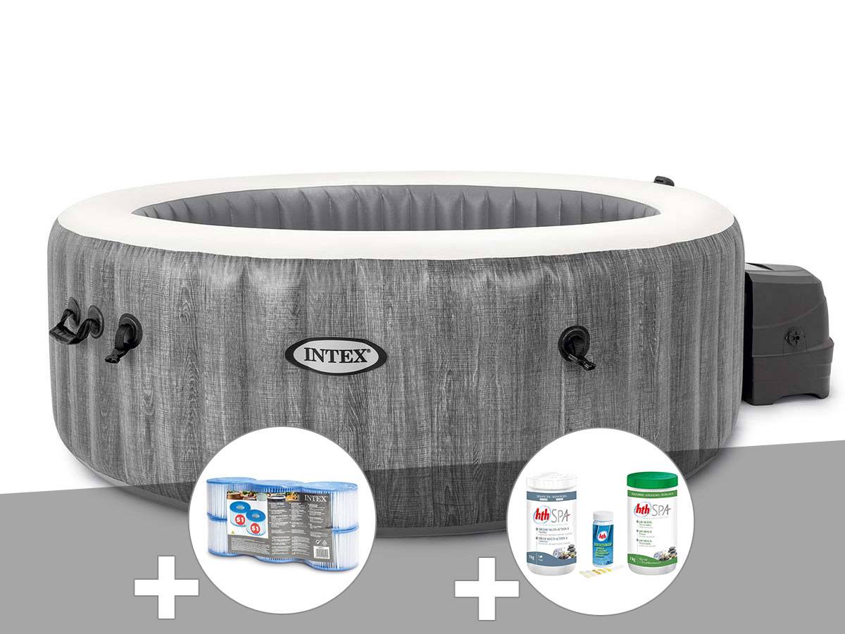 Kit spa gonflable Intex PureSpa Baltik rond Bulles 4 places + 6 filtres + Kit de traitement brome