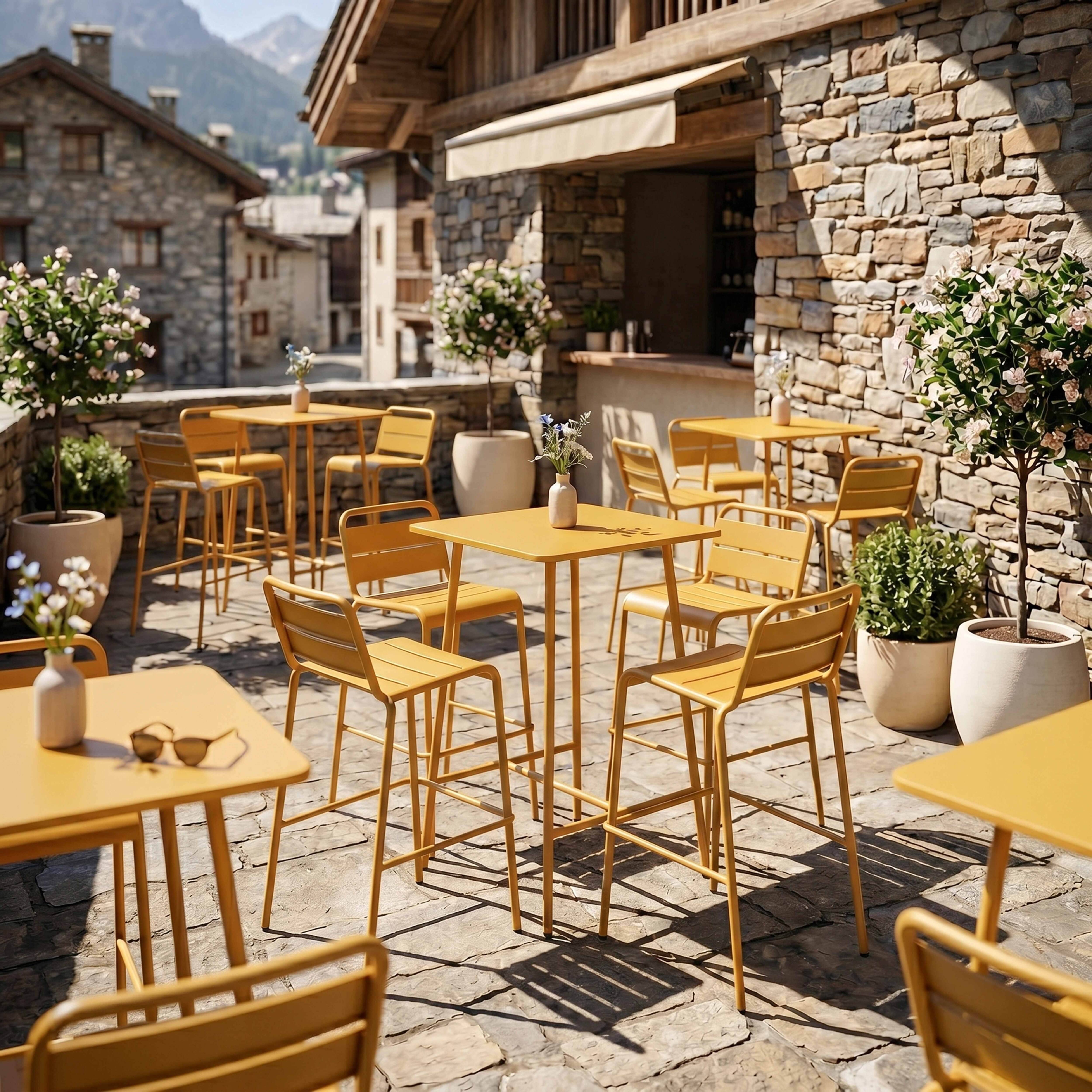 Oviala - Table haute de jardin carrée en acier jaune Palavas - Oviala - Image 4
