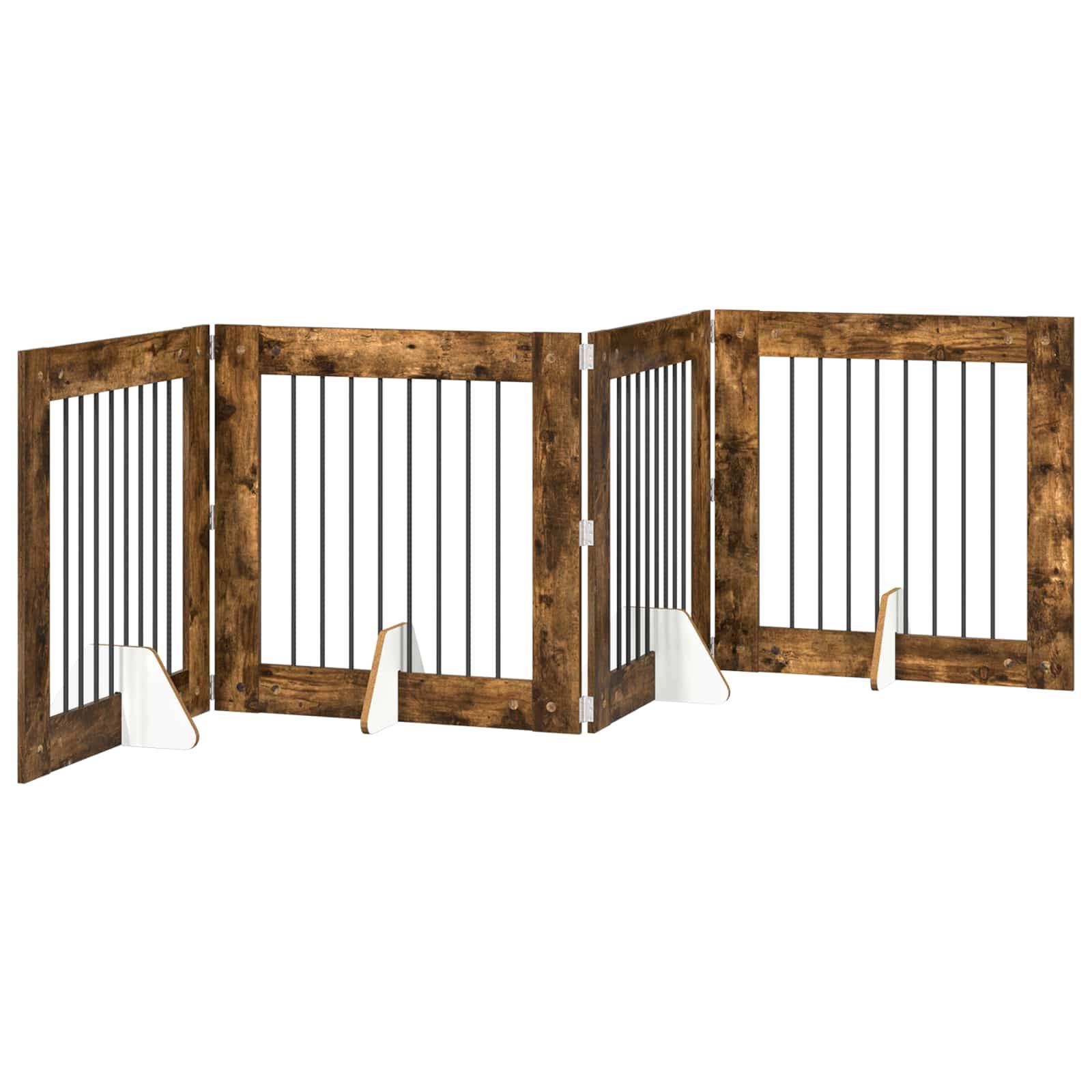 ComfortXL - Barrière Porte Chien Pliable Modulable En Bois Intérieur Avec Supports 4 Panneaux 321x80cm Chêne Fumé - Image 2