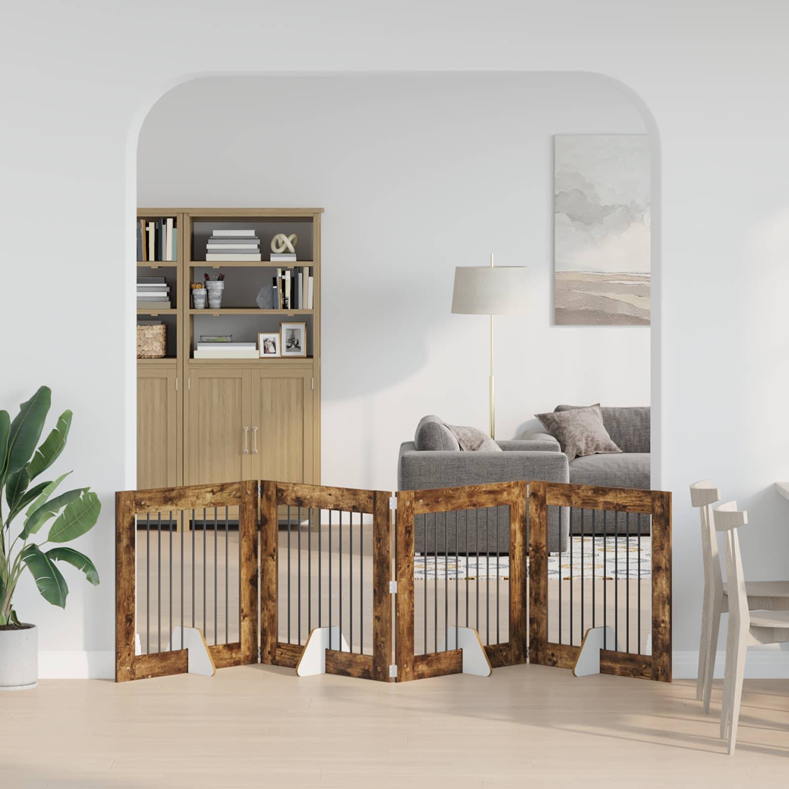 ComfortXL - Barrière Porte Chien Pliable Modulable En Bois Intérieur Avec Supports 4 Panneaux 321x80cm Chêne Fumé - Image 1
