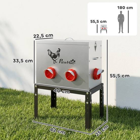 Mangeoire Automatique à Poulet 27L, 6 Ports, Hauteur Reglable, Couvercle Verrouillable, 42x25x55cm, Acier, Argent - Image 5