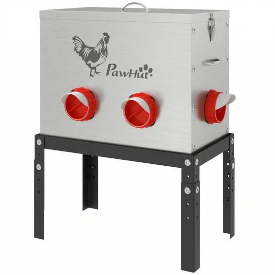 Mangeoire Automatique à Poulet 27L, 6 Ports, Hauteur Reglable, Couvercle Verrouillable, 42x25x55cm, Acier, Argent - Image 2
