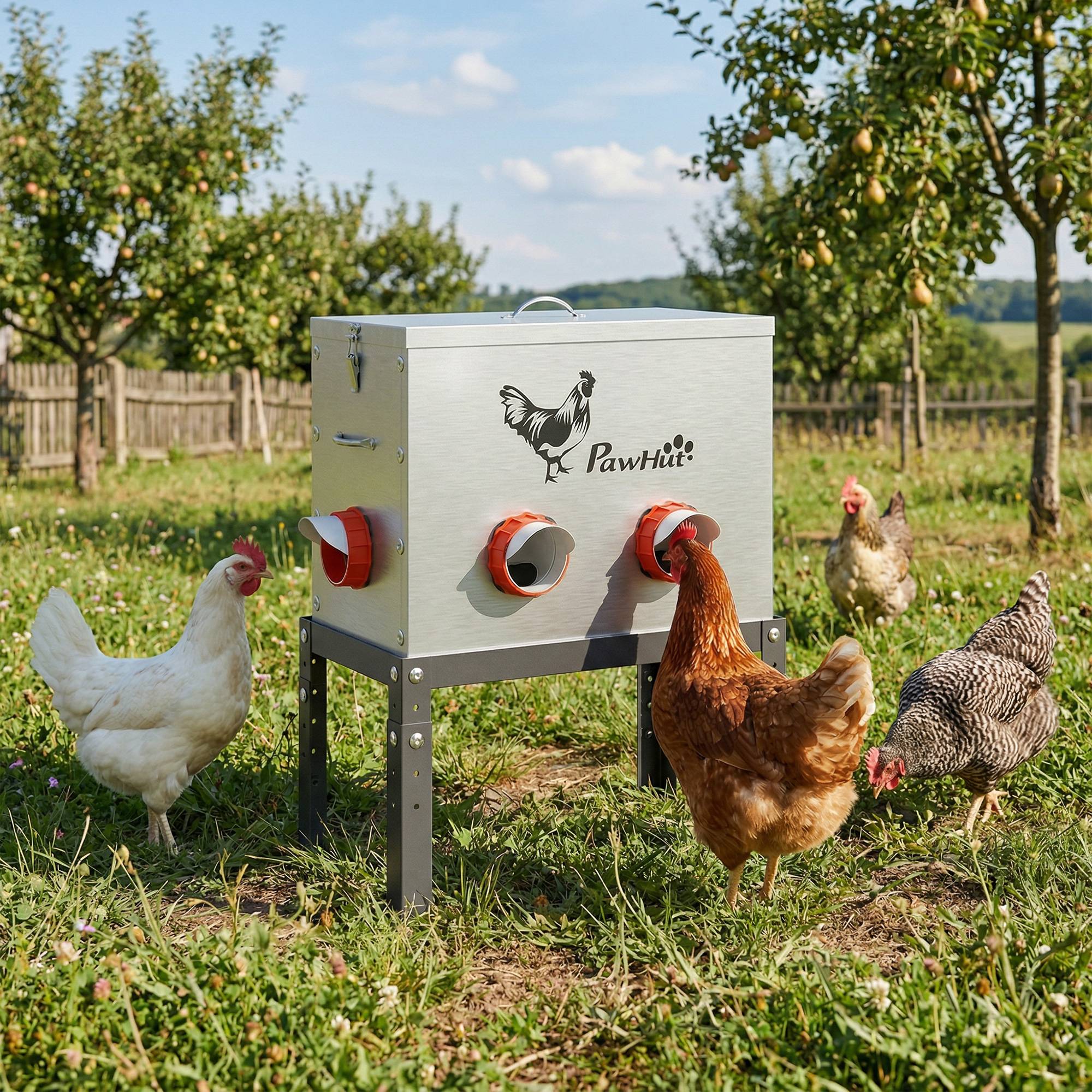 Mangeoire Automatique à Poulet 27L, 6 Ports, Hauteur Reglable, Couvercle Verrouillable, 42x25x55cm, Acier, Argent - Image 4