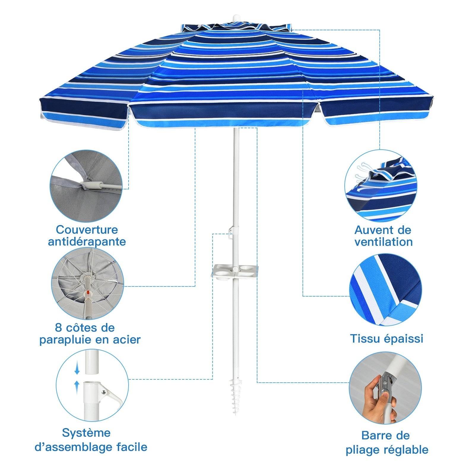 Helloshop26 - Parasol de plage inclinable 2,2 m avec porte-gobelet et protection solaire upf50 + parasol portable bleu - Image 3