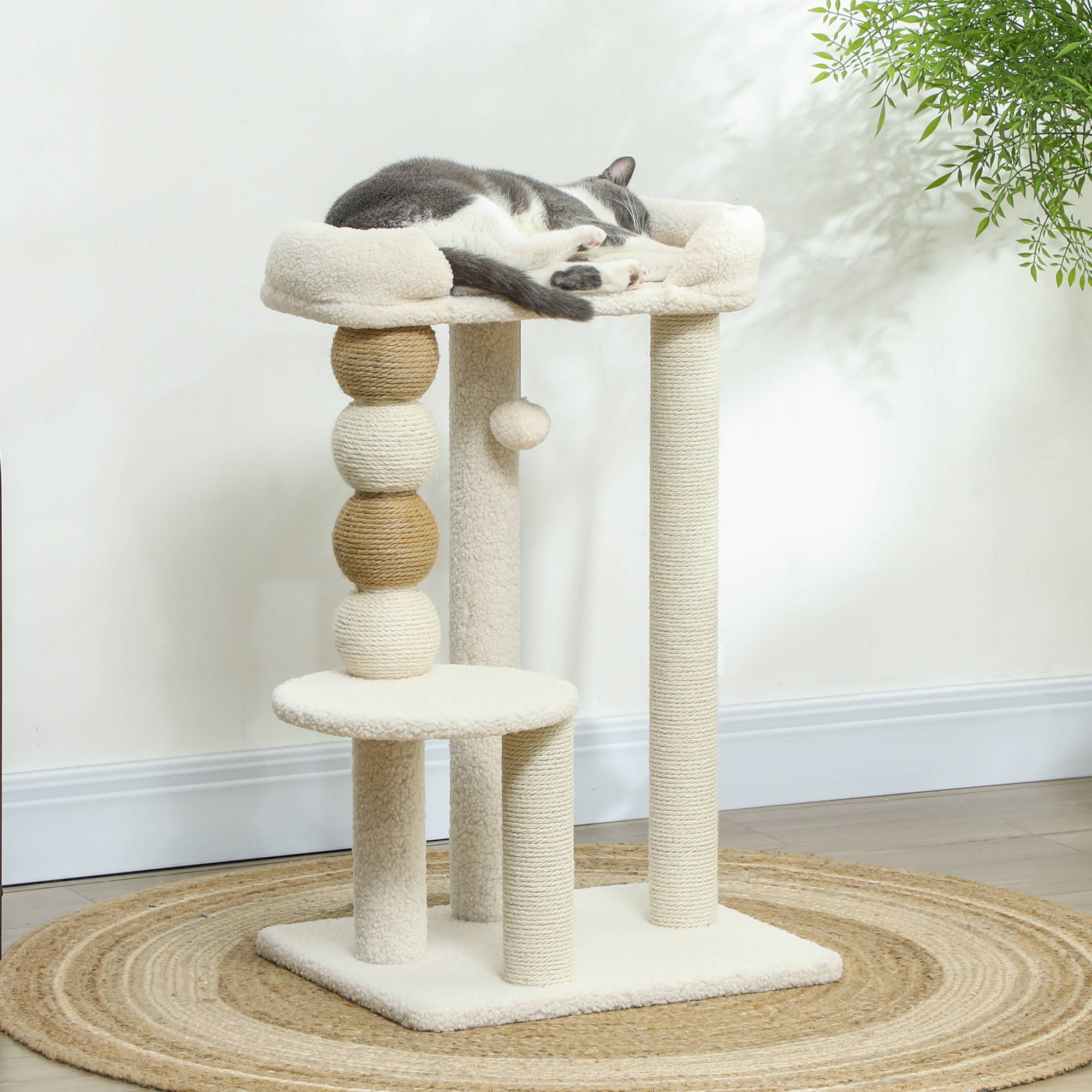 Arbre à chat beige 76 cm sherpa, plateformes, balle suspendue, poteau jute, doux - Image 3