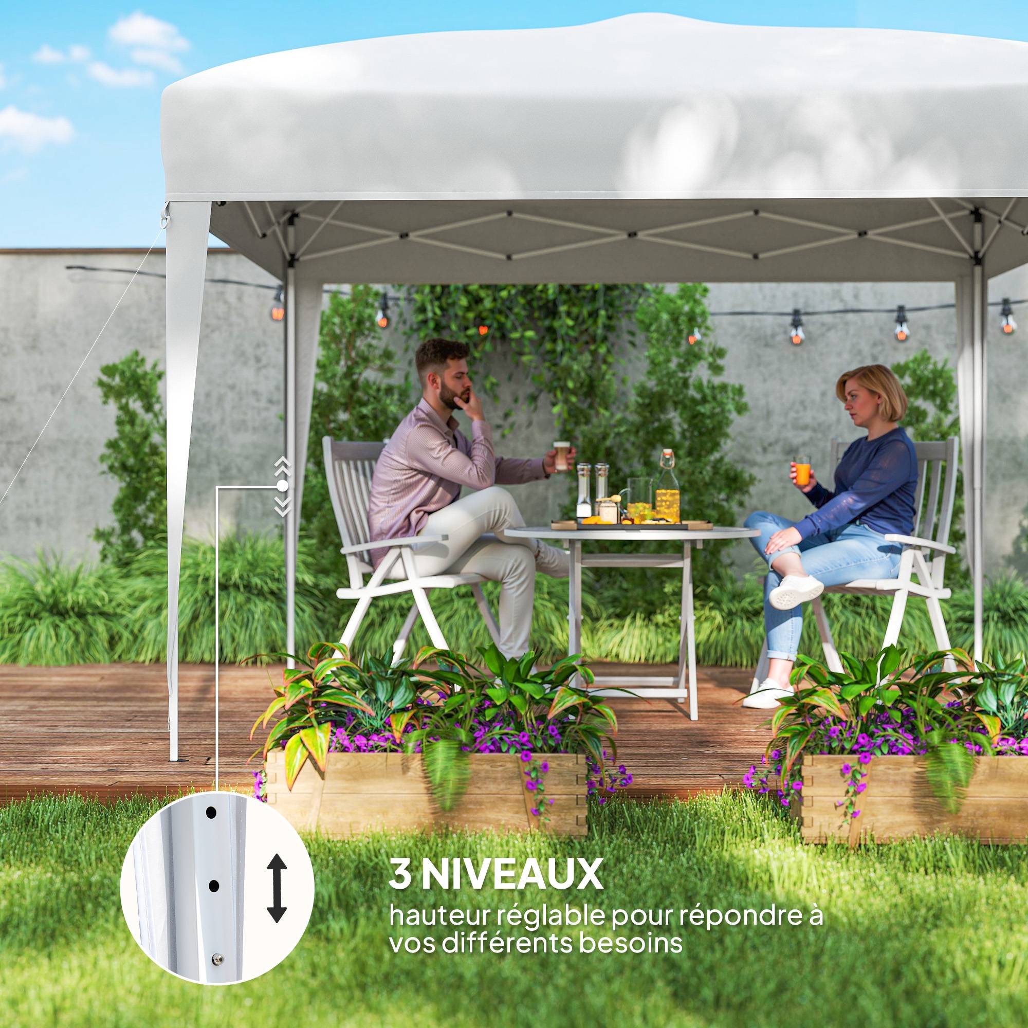 Tonnelle pliante acier jardin extérieur protection UV 3x3m blanc - ComfortXL Outdoor Living - Image 9