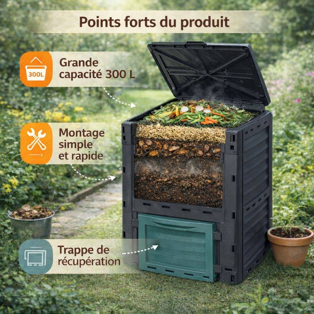 Sans Marque - Composteur de jardin 300 L - 83 x 61 x 61 cm en plastique, Polypropylène - TERRE JARDIN - Image 3