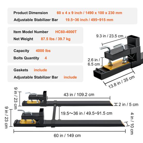 VEVOR Pinces fourches palette 1490x100x230 mm, charge 1814 kg, lame 109 cm. Pour chargeur tracteur. - Image 7
