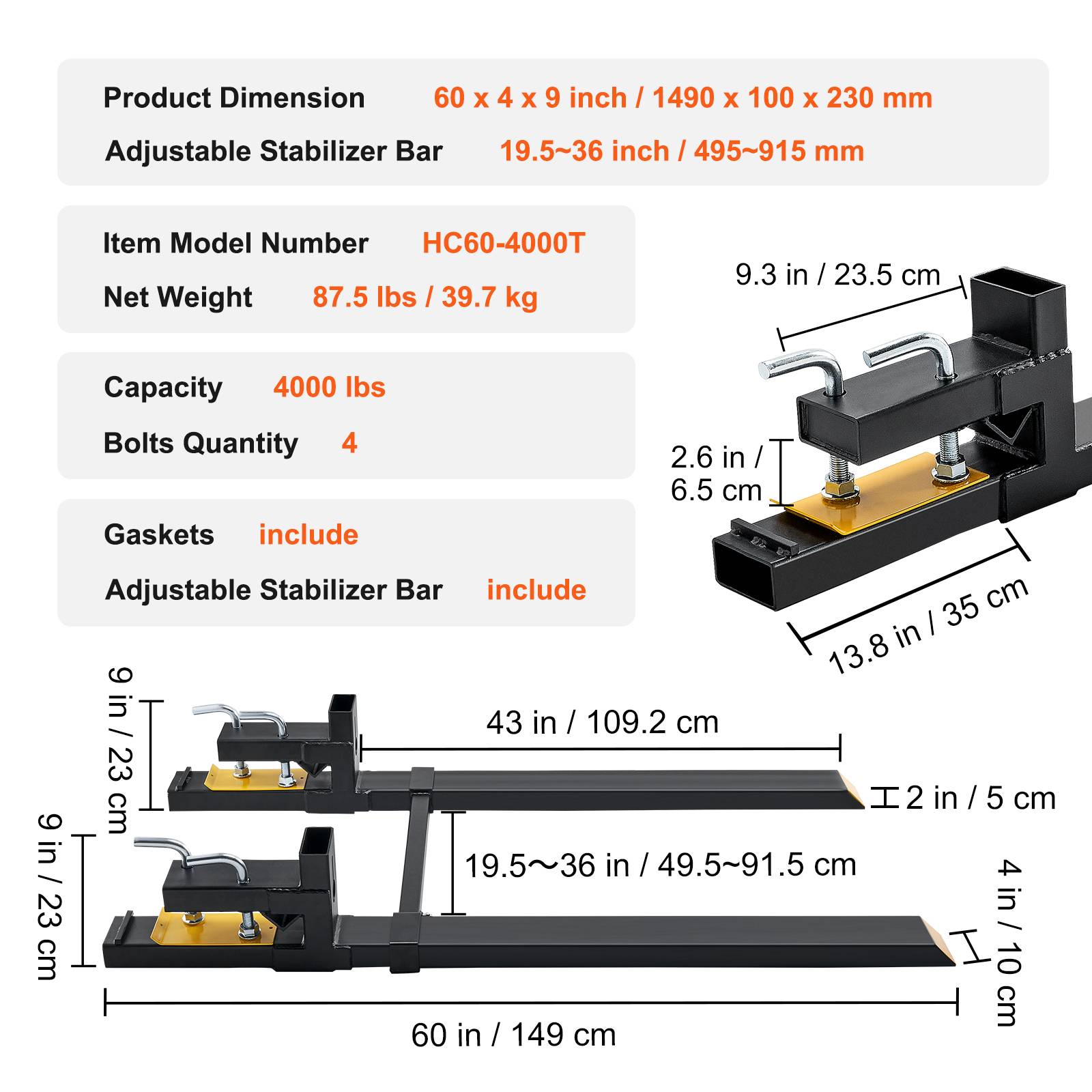 VEVOR Pinces fourches palette 1490x100x230 mm, charge 1814 kg, lame 109 cm. Pour chargeur tracteur. - Image 7