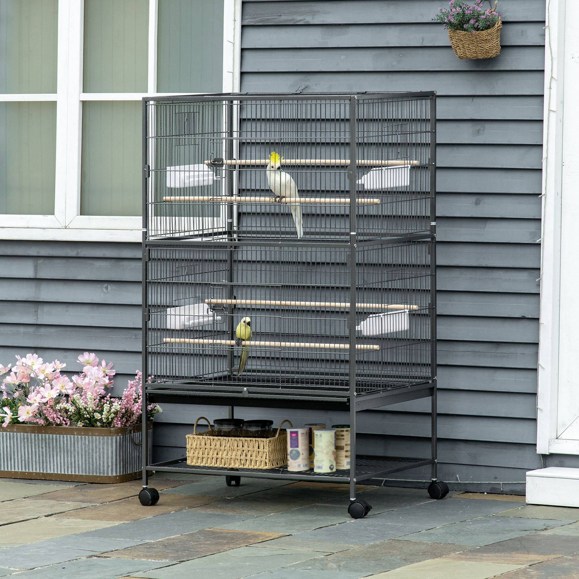 Cage pour oiseaux d'intérieur en bois avec bac, 4 roues et perchoir, 78x52x132 cm - Image 3