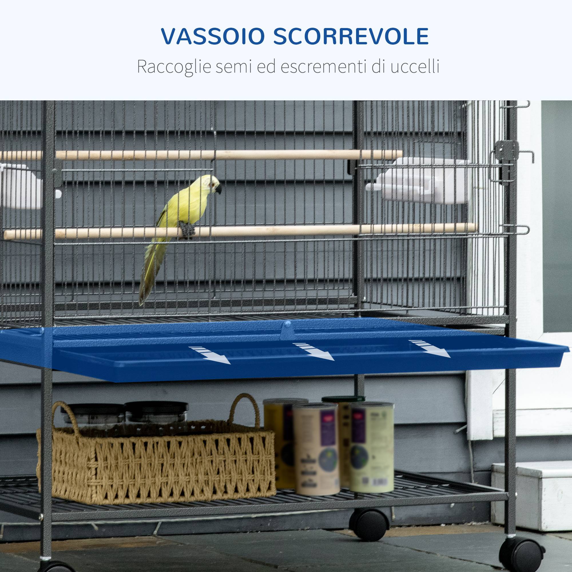 Cage pour oiseaux d'intérieur en bois avec bac, 4 roues et perchoir, 78x52x132 cm - Image 6