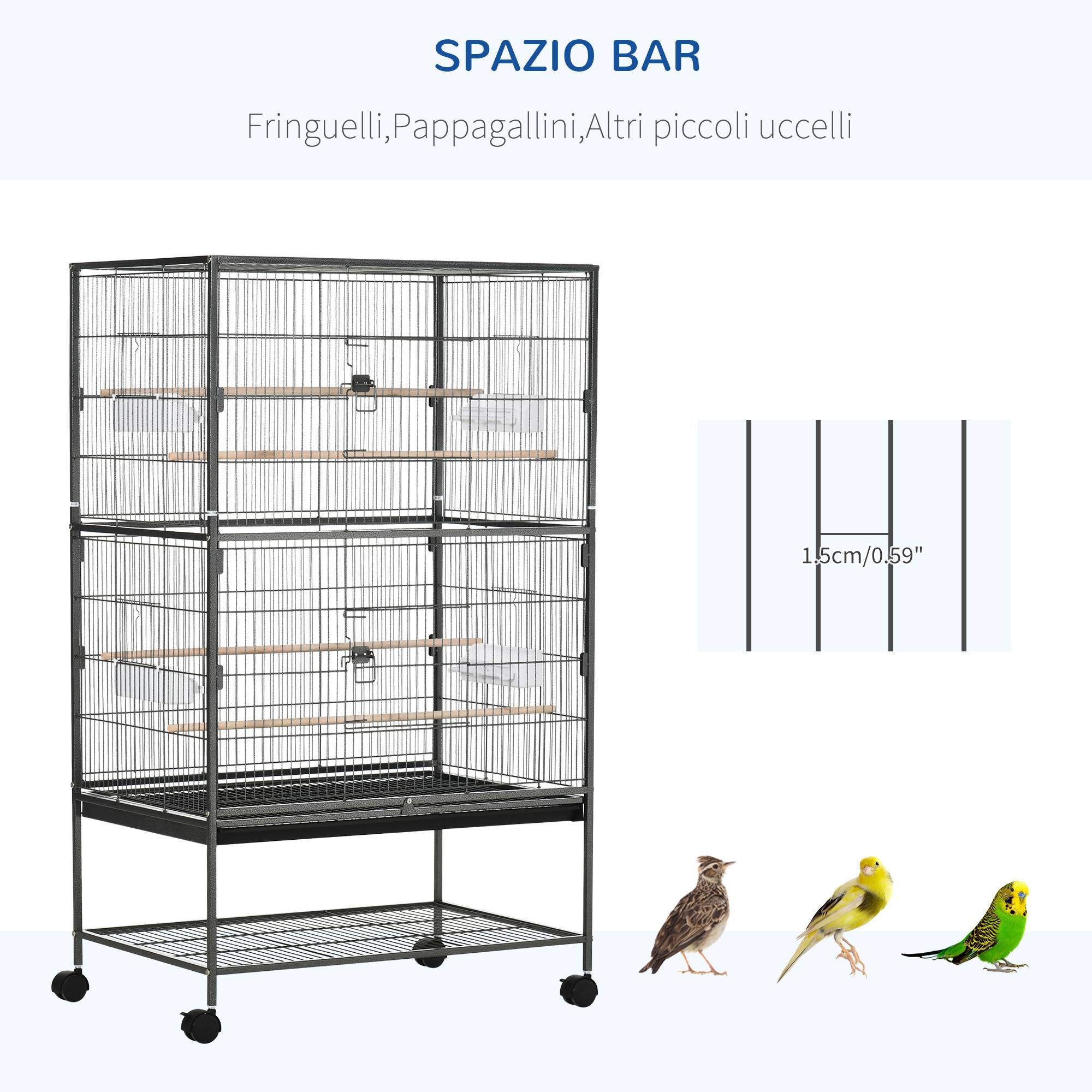 Cage pour oiseaux d'intérieur en bois avec bac, 4 roues et perchoir, 78x52x132 cm - Image 8