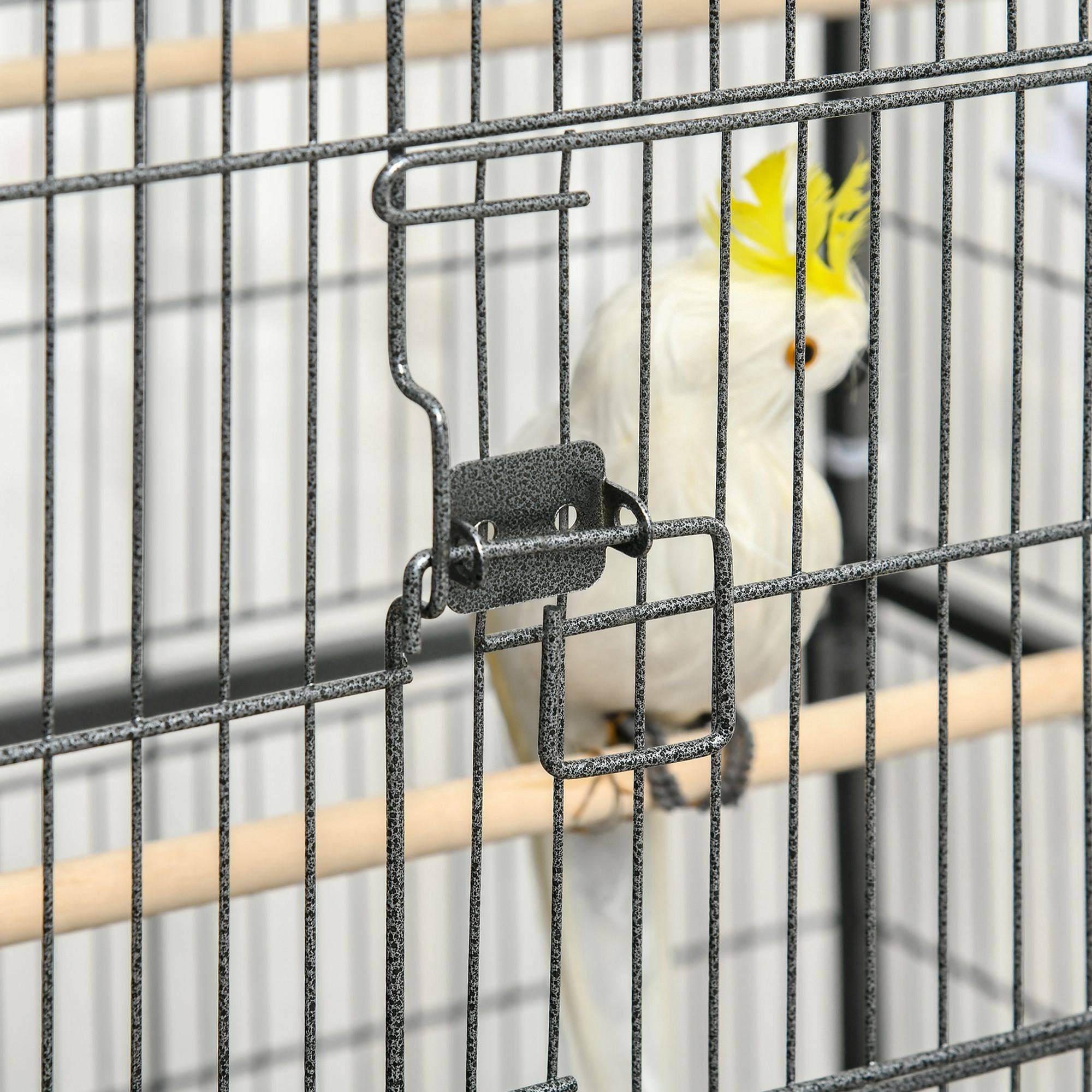 Cage pour oiseaux d'intérieur en bois avec bac, 4 roues et perchoir, 78x52x132 cm - Image 10