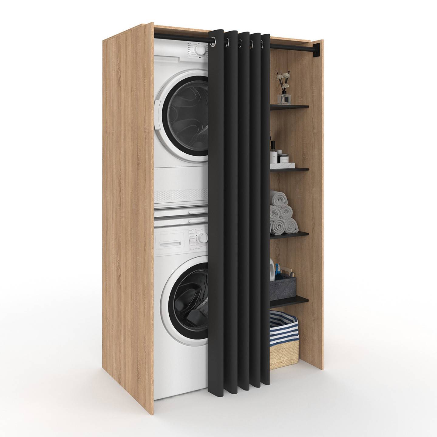 Meuble de buanderie double machine à laver avec rideau coulissant noir WALLIS bois façon hêtre et noir - Image 2