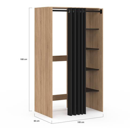 Meuble de buanderie double machine à laver avec rideau coulissant noir WALLIS bois façon hêtre et noir - Image 4
