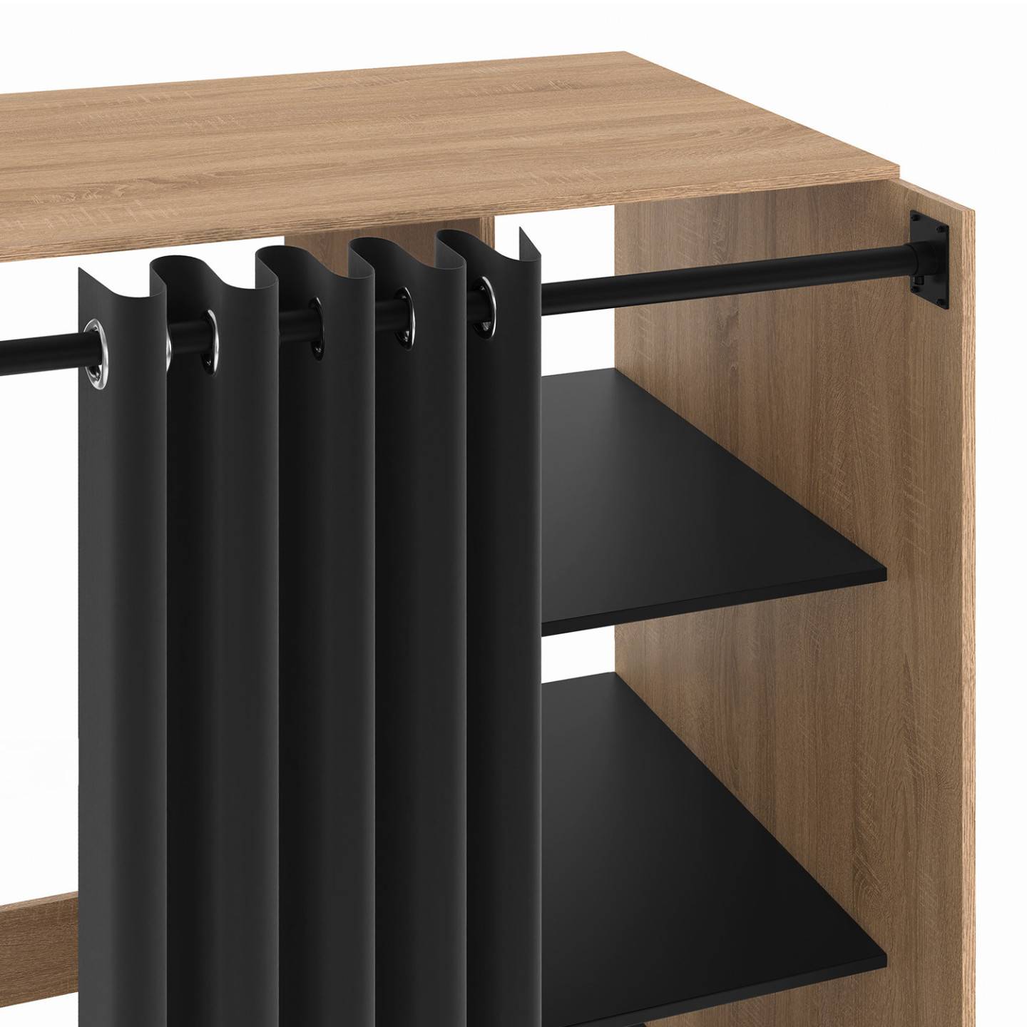 Meuble de buanderie double machine à laver avec rideau coulissant noir WALLIS bois façon hêtre et noir - Image 5