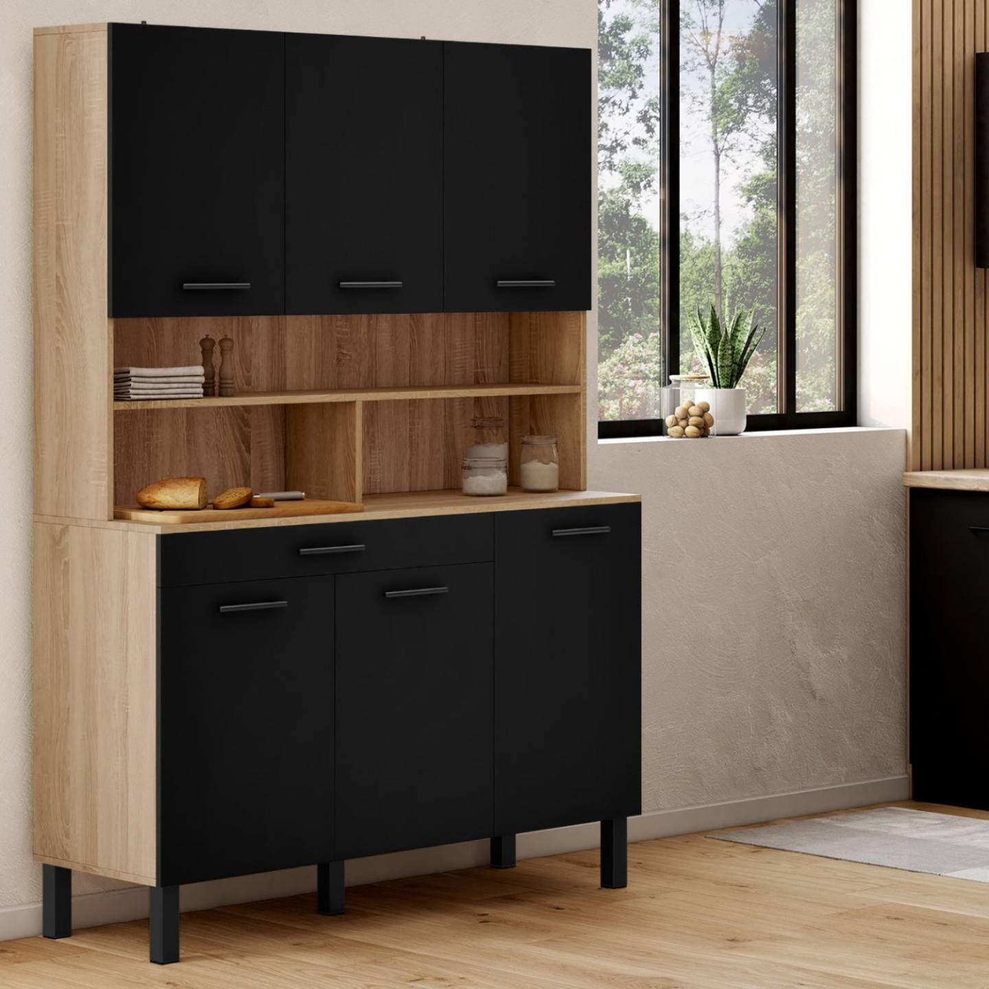 Buffet de cuisine 120 CM CINA 6 portes + tiroir façon hêtre et noir - Image 1