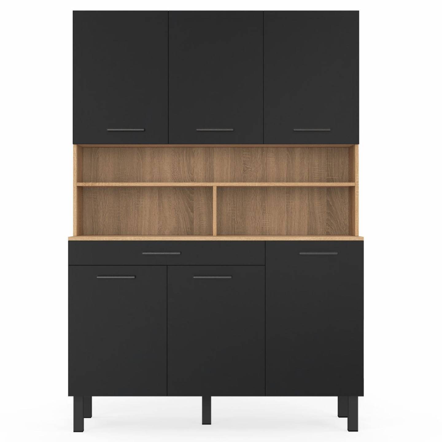 Buffet de cuisine 120 CM CINA 6 portes + tiroir façon hêtre et noir - Image 3