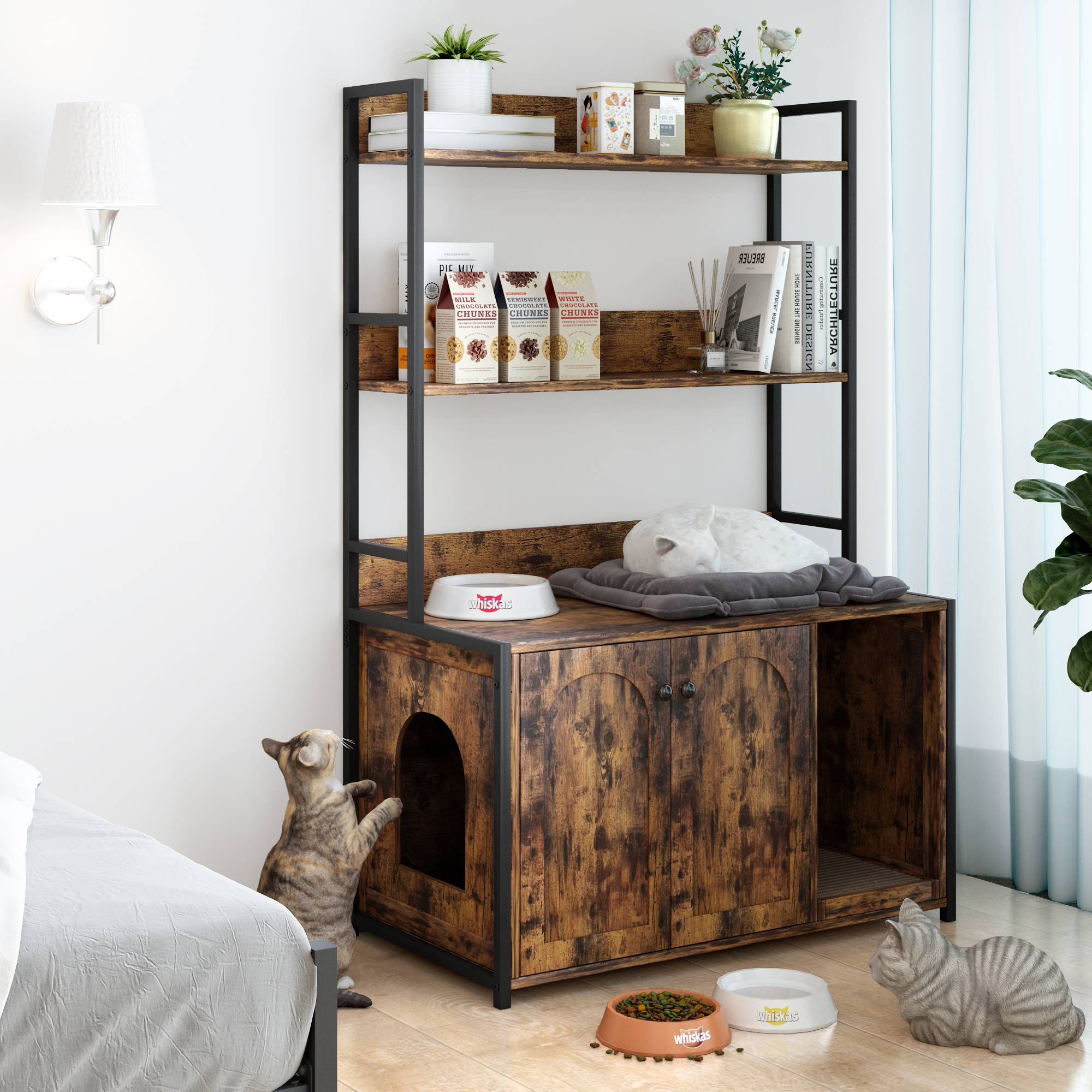 Meuble pour litière chat maison de toilette avec étagère de rangement bois et métal Marron - ComfortXL Outdoor Living - Image 3