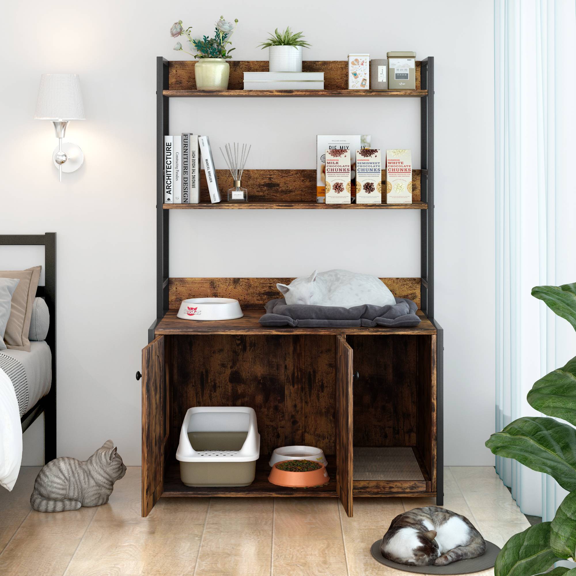 Meuble pour litière chat maison de toilette avec étagère de rangement bois et métal Marron - ComfortXL Outdoor Living - Image 1