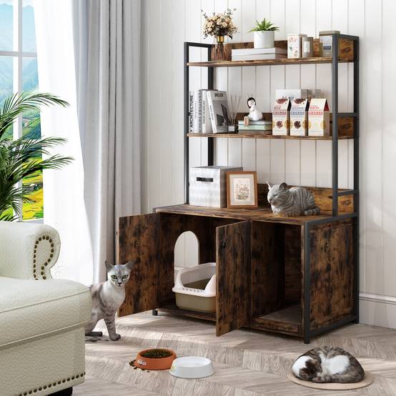 Meuble pour litière chat maison de toilette avec étagère de rangement bois et métal Marron - ComfortXL Outdoor Living - Image 2