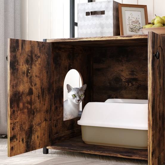 Meuble pour litière chat maison de toilette avec étagère de rangement bois et métal Marron - ComfortXL Outdoor Living - Image 7