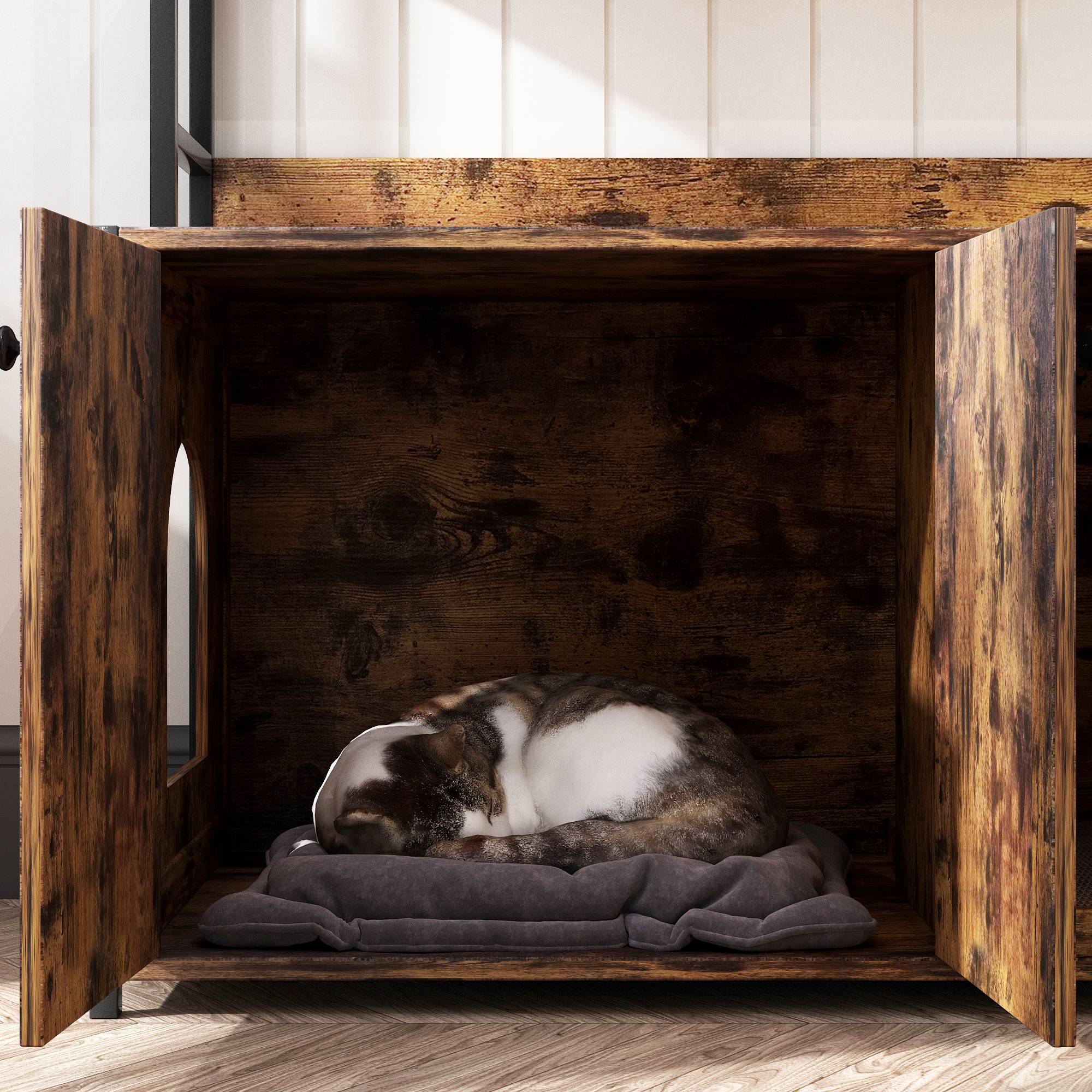Meuble pour litière chat maison de toilette avec étagère de rangement bois et métal Marron - ComfortXL Outdoor Living - Image 8