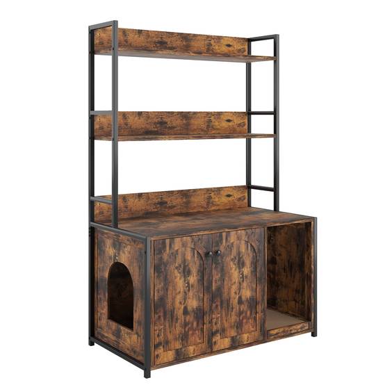 Meuble pour litière chat maison de toilette avec étagère de rangement bois et métal Marron - ComfortXL Outdoor Living - Image 4