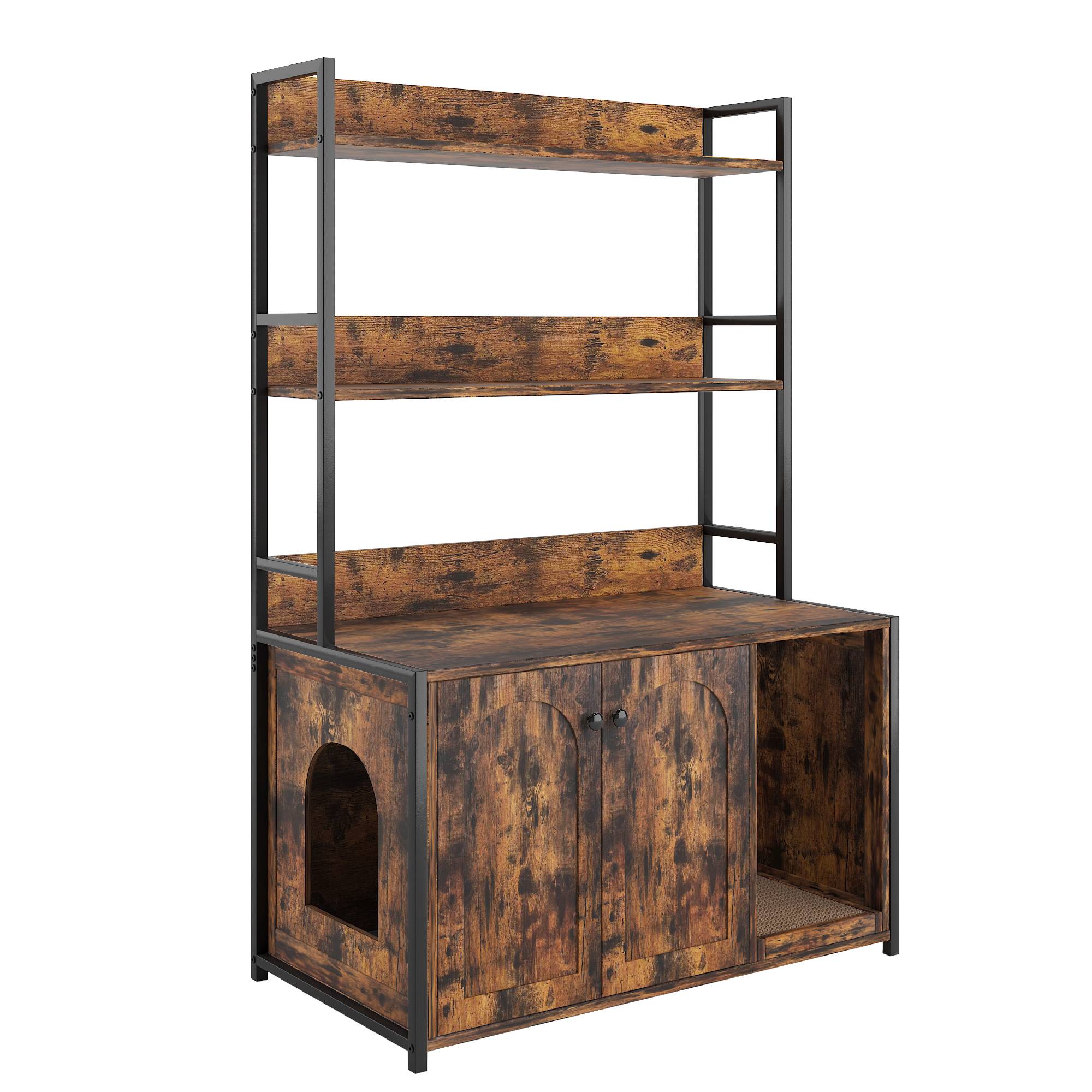Meuble pour litière chat maison de toilette avec étagère de rangement bois et métal Marron - ComfortXL Outdoor Living - Image 4