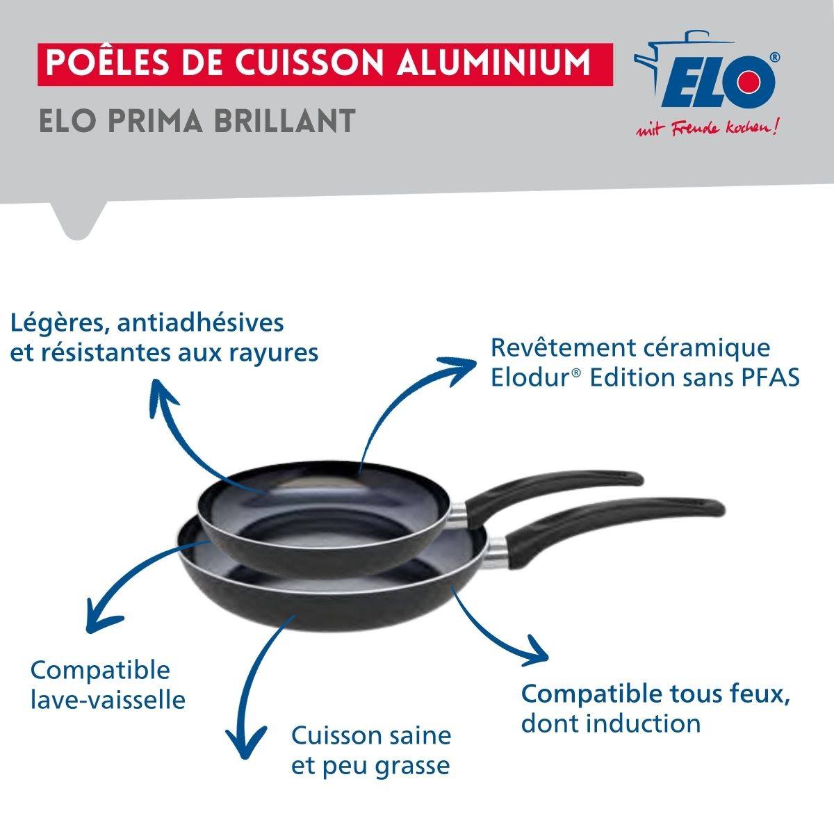 Ensemble de 2 Poêles de cuisson 24 et 28 cm et 1 faitout 12 cm Elo Prima Brillant - Image 4