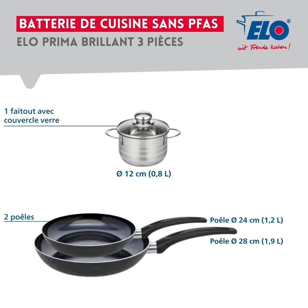 Ensemble de 2 Poêles de cuisson 24 et 28 cm et 1 faitout 12 cm Elo Prima Brillant - Image 2