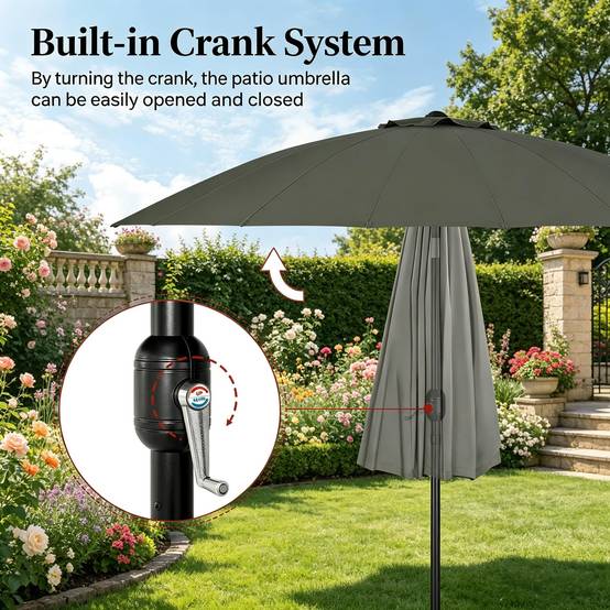 Grand Parasol de Jardin Droit Inclinable 257cm Mât Aluminium Manivelle d'Ouverture Facile Toile Grise - ComfortXL Outdoor Living - Image 4
