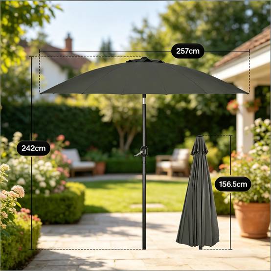 Grand Parasol de Jardin Droit Inclinable 257cm Mât Aluminium Manivelle d'Ouverture Facile Toile Grise - ComfortXL Outdoor Living - Image 7