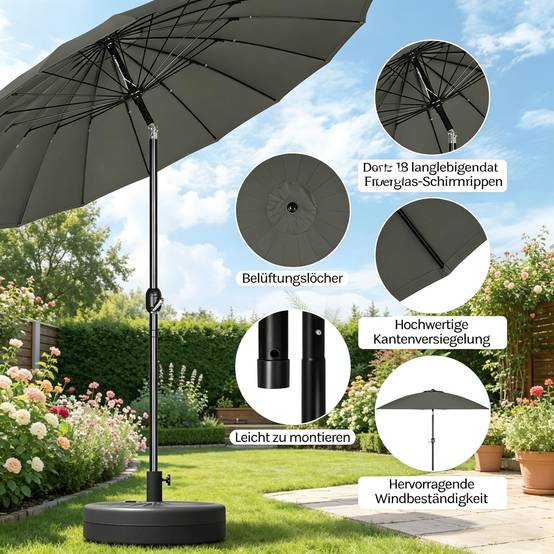 Grand Parasol de Jardin Droit Inclinable 257cm Mât Aluminium Manivelle d'Ouverture Facile Toile Grise - ComfortXL Outdoor Living - Image 5