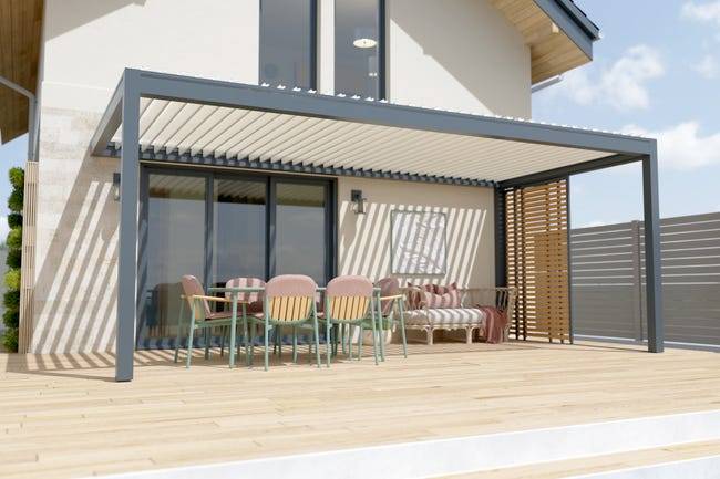 Paroi Latérale Coulissante Aluminium Anthracite et Aspect Bois 3m Pour Pergola Adossée O ORIAL France - Image 2