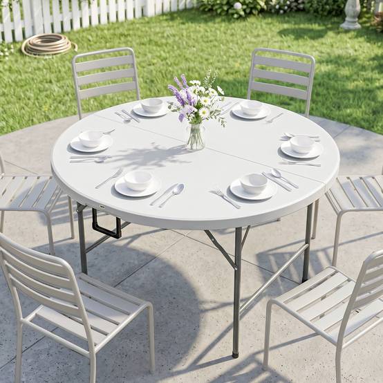Sans Marque - Table ronde jardin pliante Ø122 cm 6 personnes événement métal plateau HDPE - Image 3
