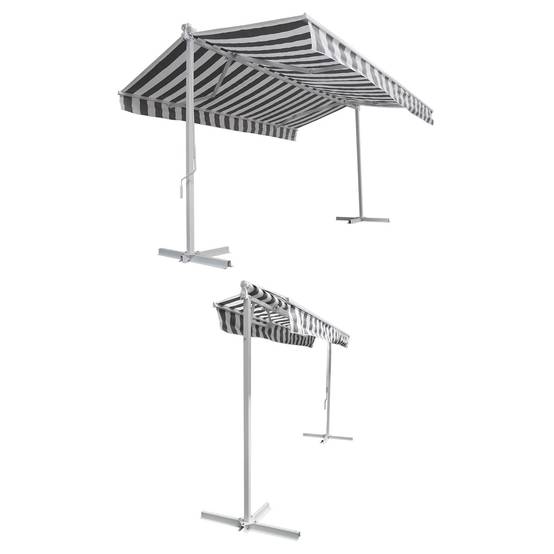 Store double pente FRENE sur pieds 3,95 x 3 m - Toile rayée blanche/grise et structure blanche - HAPPY GARDEN - Image 2