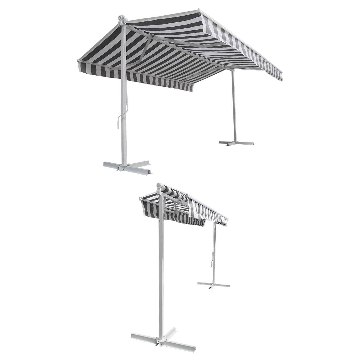 Store double pente FRENE sur pieds 3,95 x 3 m - Toile rayée blanche/grise et structure blanche - HAPPY GARDEN - Image 2