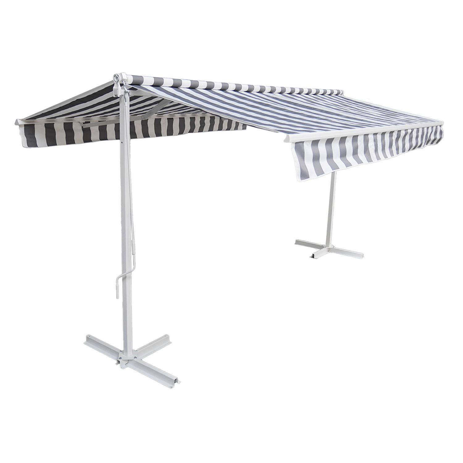 Store double pente FRENE sur pieds 3,95 x 3 m - Toile rayée blanche/grise et structure blanche - HAPPY GARDEN - Image 1