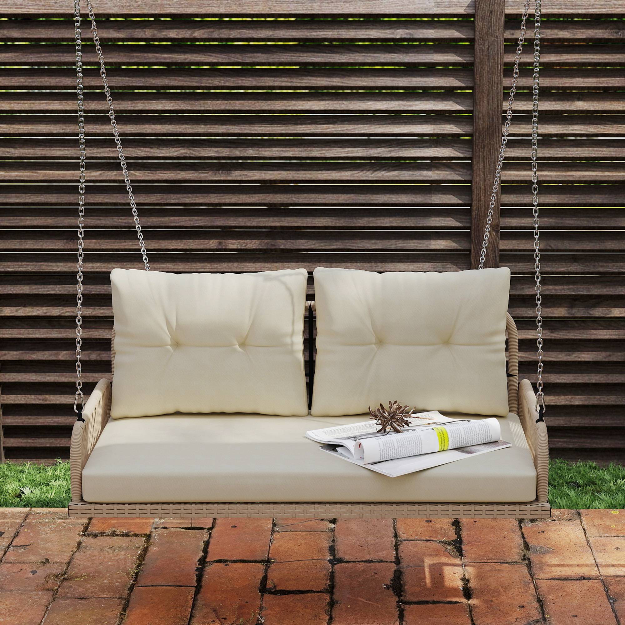 ComfortXL - Balancelle de jardin 2 places acier résine tressée beige 115 x 66 x 44 cm avec coussins pour terrasse et balcon - Image 7