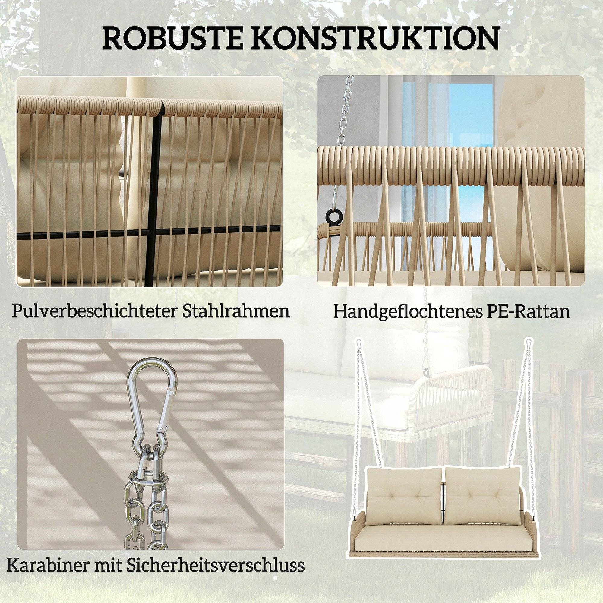 ComfortXL - Balancelle de jardin 2 places acier résine tressée beige 115 x 66 x 44 cm avec coussins pour terrasse et balcon - Image 6