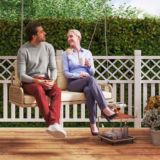 ComfortXL - Balancelle de jardin 2 places acier résine tressée beige 115 x 66 x 44 cm avec coussins pour terrasse et balcon - Image 1