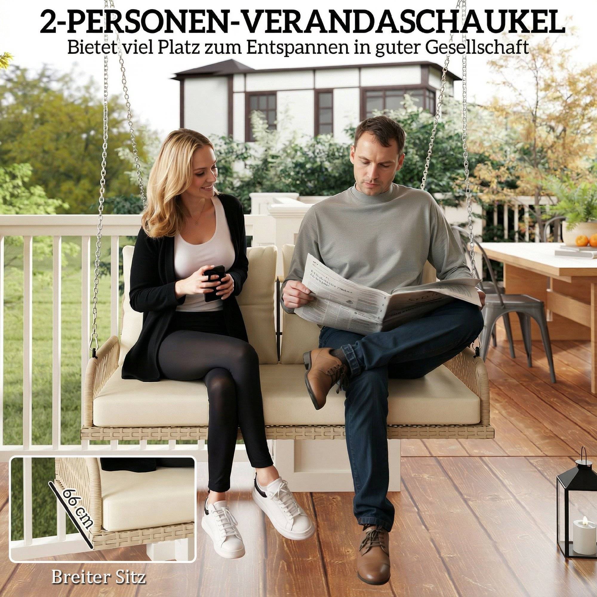 ComfortXL - Balancelle de jardin 2 places acier résine tressée beige 115 x 66 x 44 cm avec coussins pour terrasse et balcon - Image 4