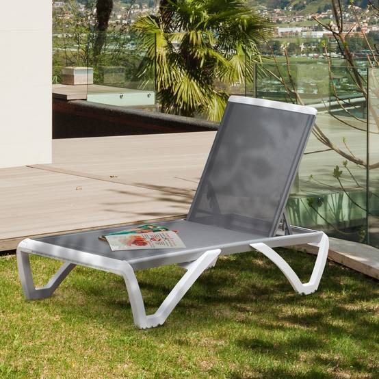 Transat avec dossier inclinable et roulettes arrière, 195 x 67,5 x 33 cm, gris et blanc - Image 4